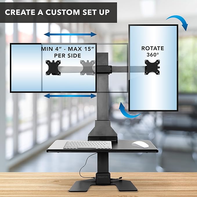 Mount-It! Double Monitor Electric Standing Desk Converter - 2 Screens Stand Up Desk Riser - Height Adjustable Desktop & 2 Mounts for Screens up to 32", Sit-Stand Convertor for Home, Office, School