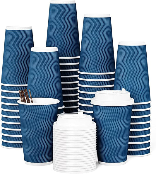 JOLLY CHEF 16oz Coffee Cups with Lids, 80 Pack Disposable Hot Paper Coffee Cups with Lids and Stirrers, Ideal for Travel, Office, Home, Cafe
