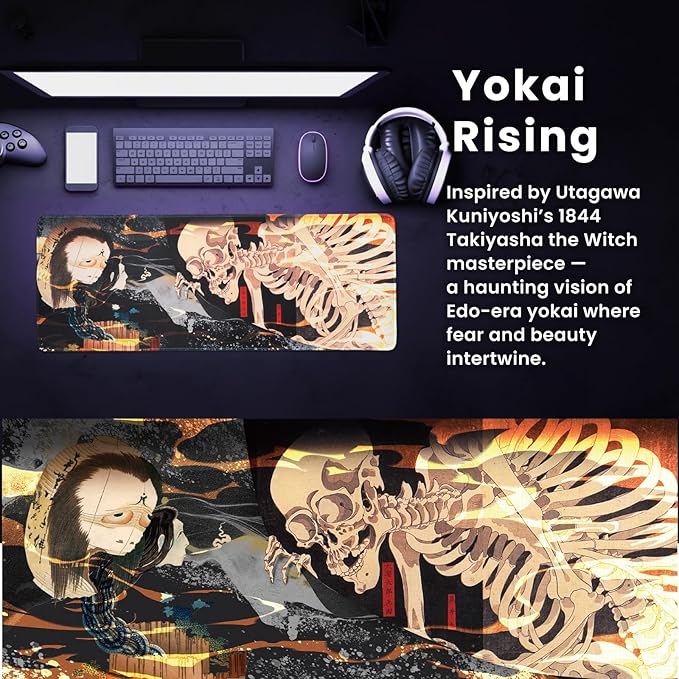 BELLEMOND Japanese Art Desk Mat | Large 31.5x11.8in Desk Pad | Mouse Pad for Keyboard & Mouse | Non-Slip Base, Water-Repellent, Smooth Precision | Yokai Rising