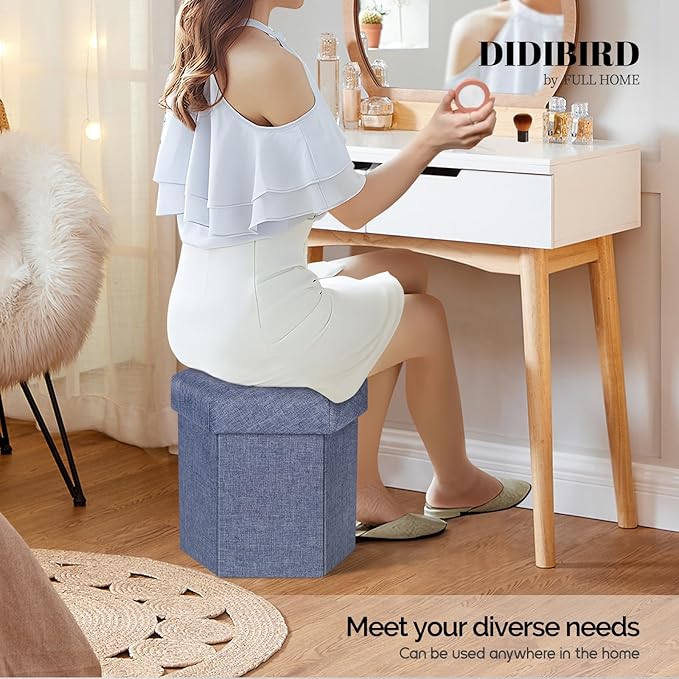 Storage Ottoman,Folding Ottomans with Storage,Linen Ottoman Foot Rest,Foot Stool with Thicker Foam Padded for Living Room,Bedroom,Office,Dorm,287 lb Load Capacity,14x14x13in,Blue