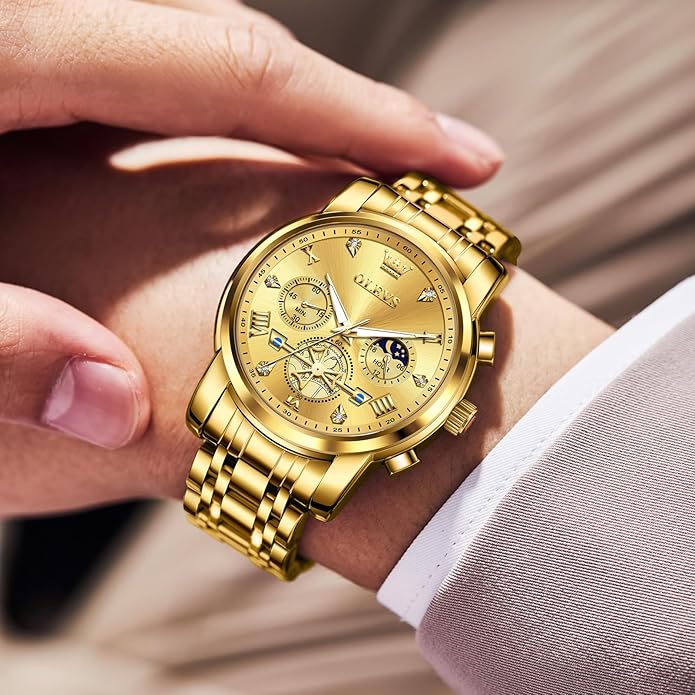 OLEVS Men Watches Stainless Steel Chronograph Watch, Large Wrist Analog Quartz Watch, Fashion Waterproof Diamond Roman Numerals Dress Watches for Men, Gold/Black/White/Blue/Grey Dial