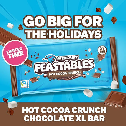 Feastables MrBeast Hot Cocoa Crunch Bar, Extra Large Size Candy Bar for Adults & Kids, Candy Bars for Snacks, Gifts, or Dessert, Made With Fairtrade Cocoa, 3.35 Oz Each, 12 Count