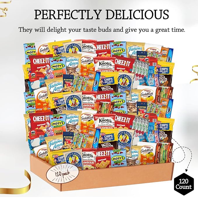Snack Box Variety Pack (120 Count) - Snacks Variety Pack for Adults, Kids and Teens with Chips, Cookies & Bars - Care Package for College Students, Birthdays, Travel and Office