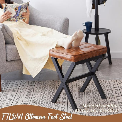 FILWH Foot Stool Small Ottoman Foot Rest Padded Foot Stool Desk Foot Stool For Under Office Desk Vanity Stool Bamboo Footstool Sofa Footrest Shoe Stool Small Foot Stools (Black Legs + Patterned Brown)