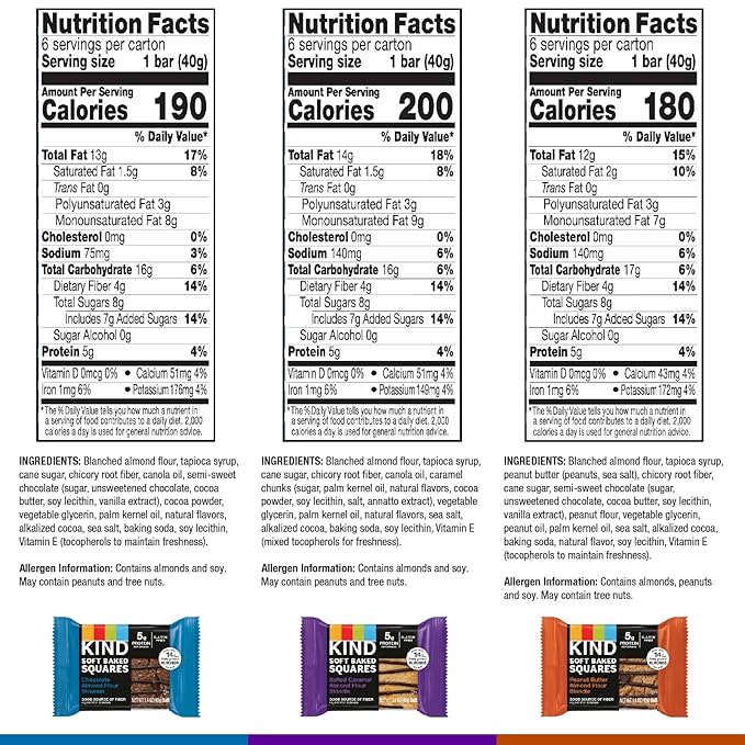 KIND Soft Baked Squares, Variety Pack, Chocolate, Peanut Butter and Salted Caramel, Almond Flour Brownies, Healthy Snack Bars, Gluten Free, 5g Protein, 18 Count