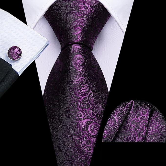 Barry.Wang Tie Sets for Men Silk Solid Necktie Stain Ties Handkerchief Pocket Square Cufflinks Wedding Business Dyed