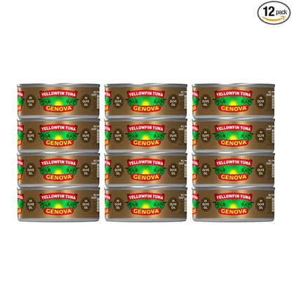 Genova Premium Yellowfin Tuna in Olive Oil, 5 Ounce Cans (Pack of 12), Wild Caught Canned Tuna, Solid Light