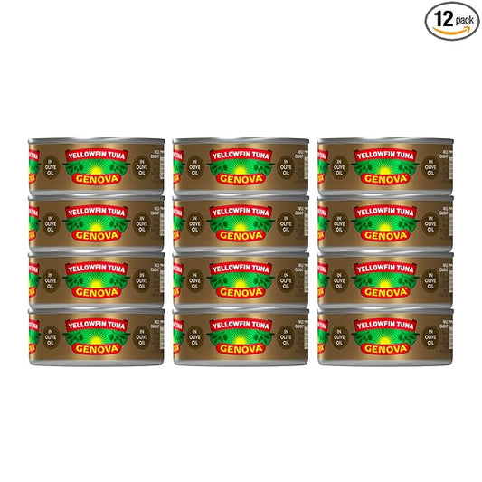 Genova Premium Yellowfin Tuna in Olive Oil, 5 Ounce Cans (Pack of 12), Wild Caught Canned Tuna, Solid Light