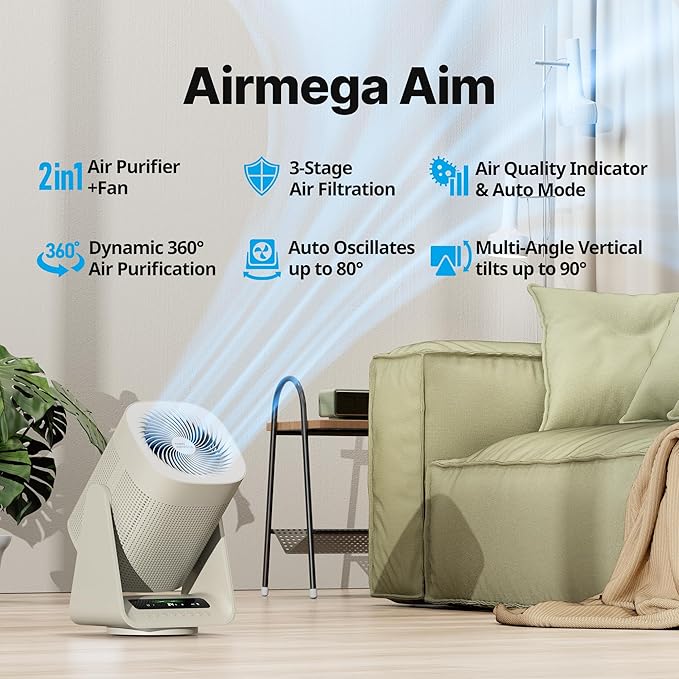 COWAY Air Purifier for Home Bedroom, 2-in-1 with Fan, True HEPA Filter for Smoke, Allergies, Pet Dander, Odor, Air Quality Monitor, Auto Mode, Remote Control, Timer, 3-Year Warranty, Aim, Marshmallow
