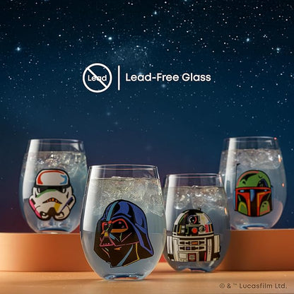 JoyJolt Star Wars Cosmic Color Stemless Drinking Glasses, 19oz Glass Cups ft Darth Vader, Stormtrooper, Boba Fett, R2-D2 - Star Wars Kitchen Glasses Set of 4, Gifts for Men, Women & Adults