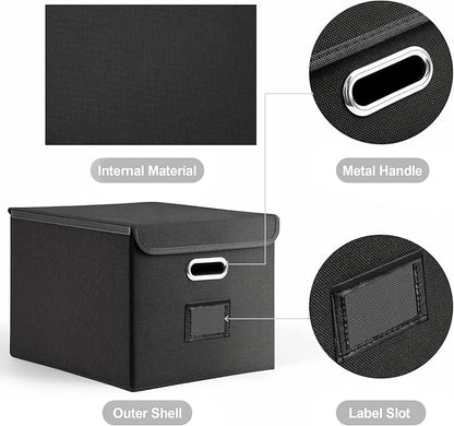 Collapsible File Box with Lid & Plastic Slide - Hanging Document Organizer for Office/Home, 14.96x12.6x10.83 Inch,Decorative Home File Bin,Black, 1 Pack (No Folders Included)