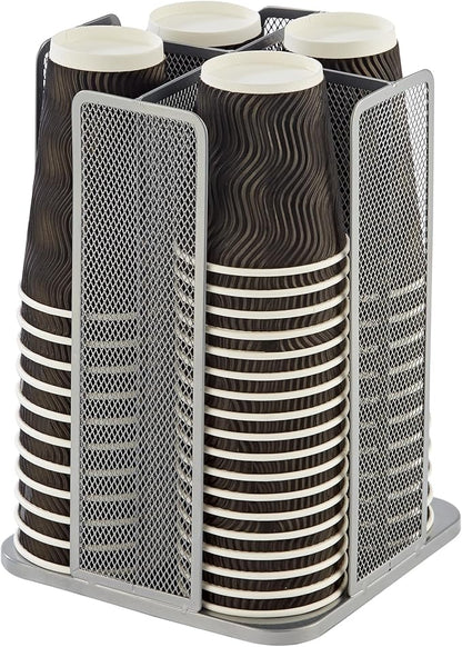Annova Paper/Plastic Cup and Lid Holder Plastic Storage Organizer, 360°Rotating Coffee Mup Dispenser with 4 Compartments, Multifunctional Storage Rack for Home, Office, Bar, Coffee Shop (Silver)