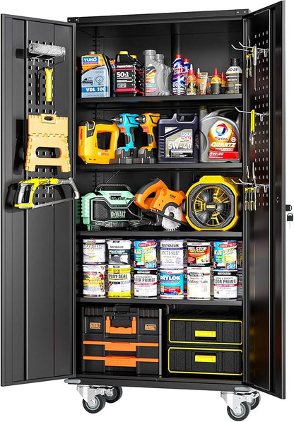 Greenvelly Metal Storage Cabinet with Wheels, Lockable 72" Black Metal Garage Cabinets with 2 Doors and 4 Adjustable Shelves, Rolling Steel Tool Cabinet for Garage, Home Office, School