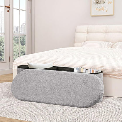 B FSOBEIIALEO Ottoman with Storage for Living Room, Sherpa Folding Storage Ottoman Foot Rest, 43.3 Inches Collapsible Bedroom Bench Grey