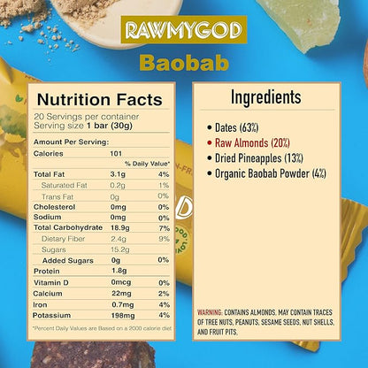 RAWMYGOD Fruit and Nut Bars, Gluten Free, Vegan, No Added Sugar (20 bars, Baobab)