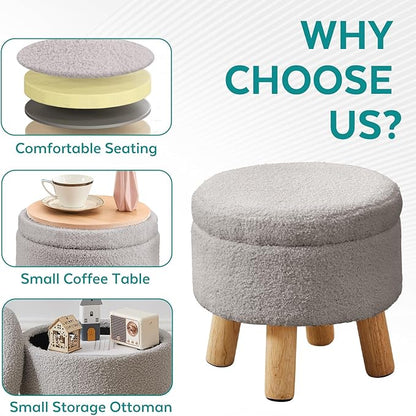 Small Foot Stool Ottoman with Storage, Sherpa Ottoman Foot Rest for Couch, Round Footstool with Storage, Small Ottomans and Footstools for Living Room and Entryway (Light Gray)