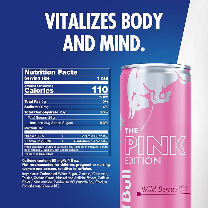 Red Bull Wild Berries, Pink Edition, with 80mg Caffeine plus Taurine & B Vitamins, 8.4 Fl Oz, Pack of 4 Cans