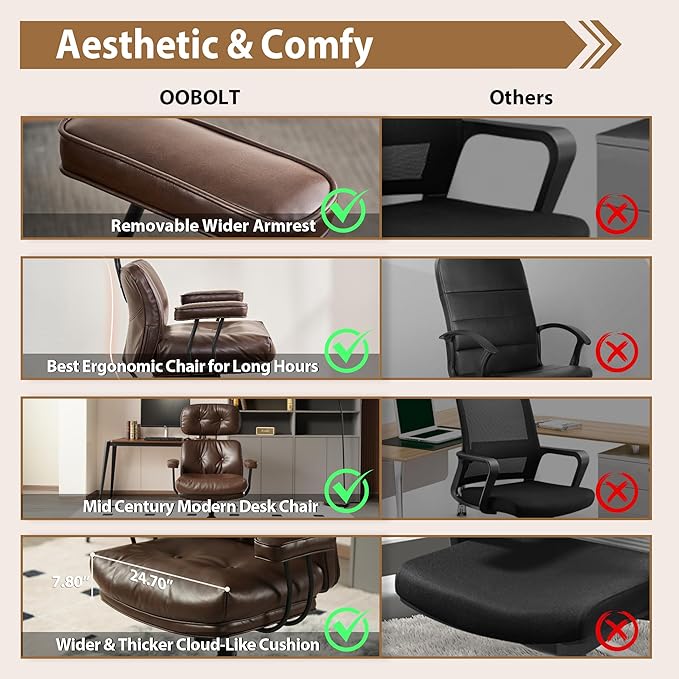 Ergonomic Home Office Chair with Lumbar Support, Faux Leather Mid Century Modern Desk Chair, Big and Tall Executive Chair for Long Hours