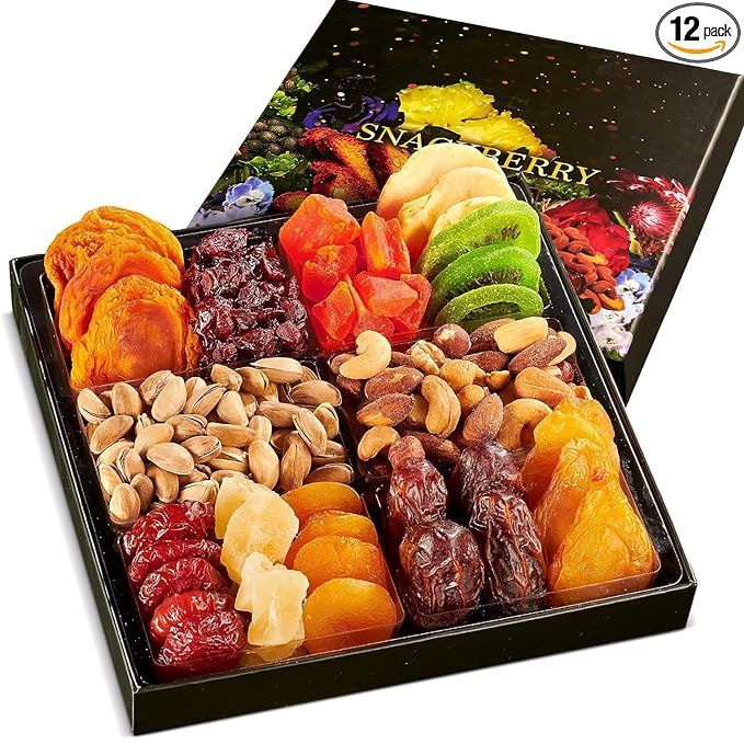 Dried Fruit & Nuts Gift Basket Arrangement Platter, Gourmet Food Snack Box, For Christmas, New Years, Birthday Care Package, Healthy Kosher - Her Him - 12 Snackberry Assortment (12-Pack)
