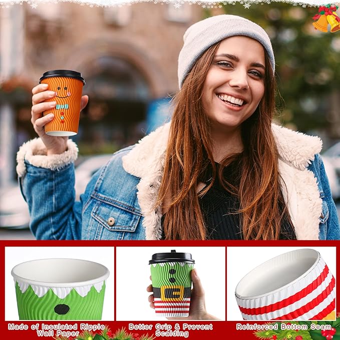 Foaincore 100 Sets Christmas Disposable Coffee Cups 12 oz Insulated Ripple Wall Paper Cup with Lid, Xmas Disposable Coffee Espresso Cups Tea Cups for Cold Hot Liquids Drinking Party Supplies (Cute)