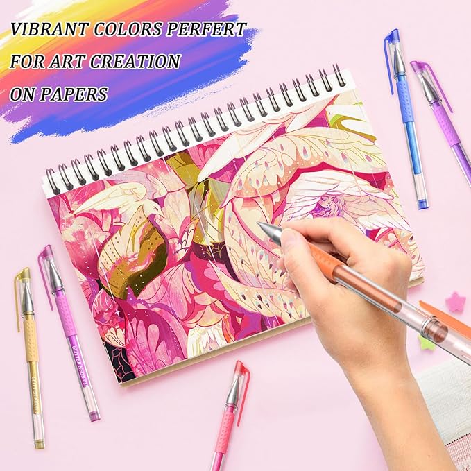 24 Coloring Glitter Gel Pens Come with 24 Free Matched Refills, Artist Drawing Pens, for Adult Coloring Sketching Doodling Writing Back to School Supplies