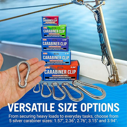 Stainless Steel Carabiner Clip, 4 Pack, 316 Marine Grade, Heavy Duty Spring Snap Hooks, Mini and Large Sizes, 2" to 4" Options