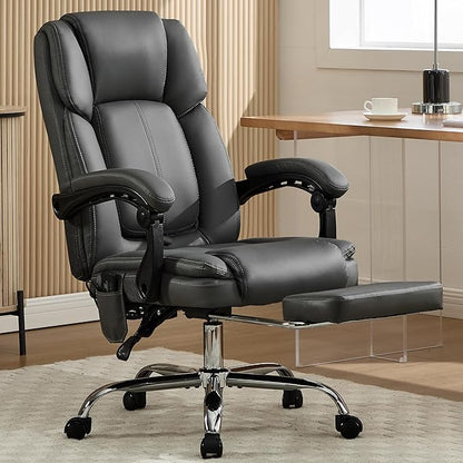Massage Office Chair 4 Points with Footrest,Reclining Executive Desk Chair with Vibration Heat for Heavy People 500lbs,Lumbar Support PU Leather,Adjustable Height Ergonomic (Gray)