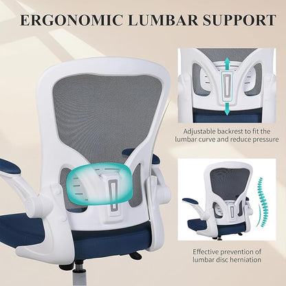 Flysky Ergonomic Office Chair, Mesh Home Office Desk Chair with Flip-up Arms and Lumbar Support, Height Adjustable, Swivel, White & Blue