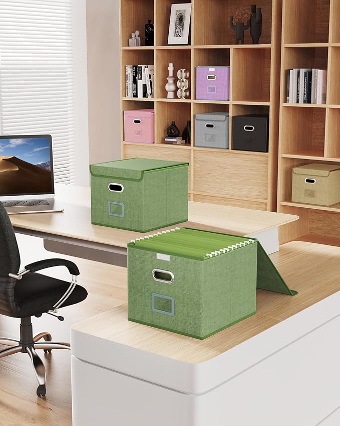 Oterri 2 Pack File Organizer Box,File Box,Small File Cabinet for Letter Folders,Light Green Portable Filing Box,Hanging File Folder Organizer with Lid for Office/Decor/Home- without Folders