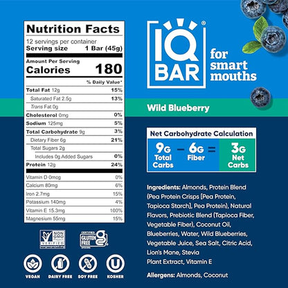 IQBAR Brain and Body Plant Protein Bars - Wild Blueberry - 36-Count - Keto, Vegan, Low Carb, High Fiber, Gluten Free, Dairy Free, Low Sugar Snack with Nutrients for Focus, Energy, Meal Replacement