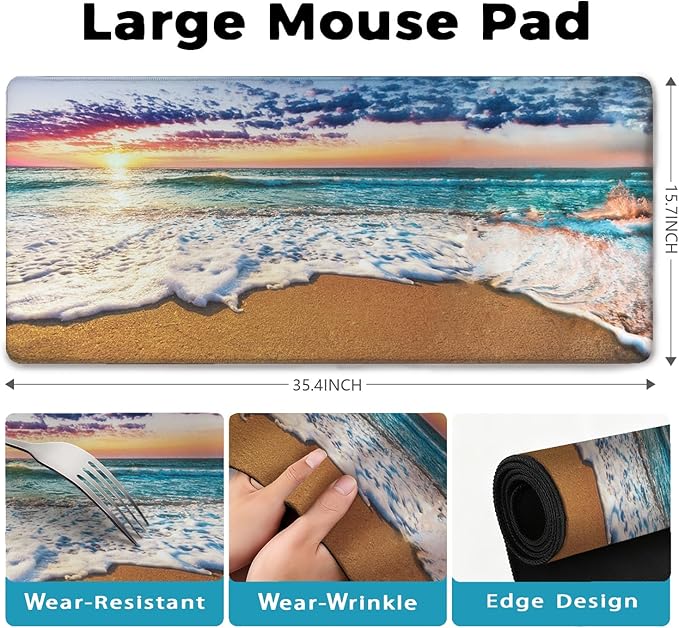 Sea and Beach Patterns Desk Mat, Large Gaming Mouse Pad Non-Slip Rubber Base with Stitched Edges, Waterproof Protection for PC Laptop Home Office Desk Decor (35.4x15.7in)