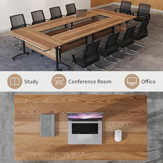 Folding Conference Room Table, Modern Conference Tables with Wheels, Large Rectangular Mobile Training Tables for Office Classroom, Foldable Modular Boardroom Seminar Table （8PCS 63in）