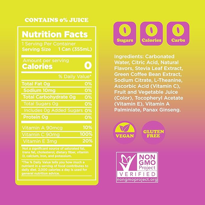 FEEL Zero Sugar Natural Energy Drink – Raspberry Lemonade, 140mg Plant-Based Caffeine with L-Theanine for Focus, Vitamin C for Immunity, Vegan, Non-GMO, No Artificial Sweeteners, 12 Fl Oz Cans (12-Pack)