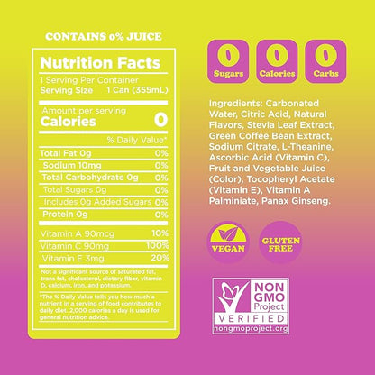 FEEL Zero Sugar Natural Energy Drink – Raspberry Lemonade, 140mg Plant-Based Caffeine with L-Theanine for Focus, Vitamin C for Immunity, Vegan, Non-GMO, No Artificial Sweeteners, 12 Fl Oz Cans (12-Pack)