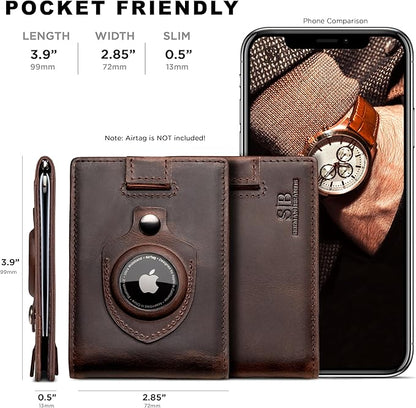 SERMAN BRANDS AirTag Wallet - RFID Blocking Mens Minimalist Money Clip Wallet for Airtag - Full Grain Leather - Slim Bifold. Front Pocket Air tag Wallets for men. Gift
