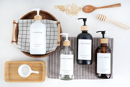 Emerson Essentials Soap Dispenser, Dish Soap Dispenser for kitchen, Hand Soap Dispenser Bathroom | Kitchen Soap Dispenser Set, Glass Hand Soap and Lotion Set for Bathroom, 16 Oz, Bamboo Tray, Set of 2