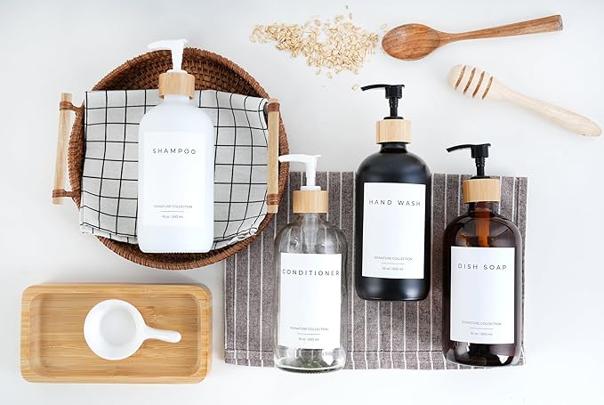 Emerson Essentials Soap Dispenser, Dish Soap Dispenser for kitchen, Hand Soap Dispenser Bathroom, Kitchen Soap Dispenser Set | Glass Hand Soap and Lotion Set for Bathroom, 16 Oz, Bamboo Tray, Set of 2