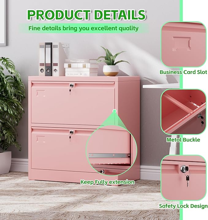 SUXXAN Metal 2 Drawer Lateral File Cabinet with 2 Lock - Wide Filing Cabinet for Letter/Legal/F4/A4 Hanging Files - Includes Business Card Holder,Home Office School Storage,Pink