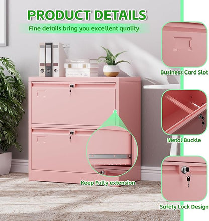SUXXAN Metal 2 Drawer Lateral File Cabinet with 2 Lock - Wide Filing Cabinet for Letter/Legal/F4/A4 Hanging Files - Includes Business Card Holder,Home Office School Storage,Pink