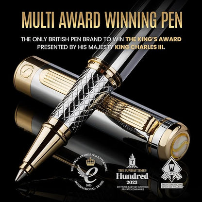 Scriveiner Silver Chrome Rollerball Pen - Stunning Luxury Pen, Real Gold Plating, Schmidt Ink Refill, Best Roller Ball Pen Gift Set for Men & Women, Professional, Executive Office, Fancy Pens
