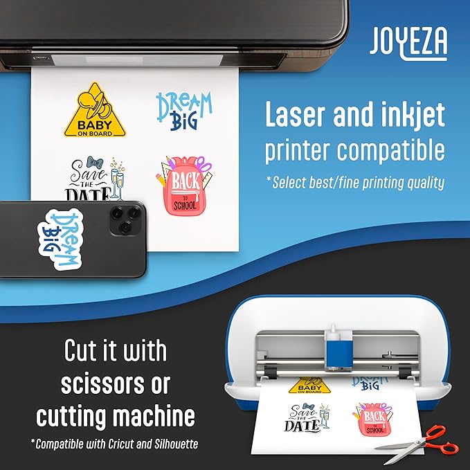JOYEZA Premium Printable Vinyl Sticker Paper for Inkjet Printer - 80 Sheets Glossy White Waterproof, Dries Quickly Vivid Colors, Holds Ink well - Inkjet & Laser Printer