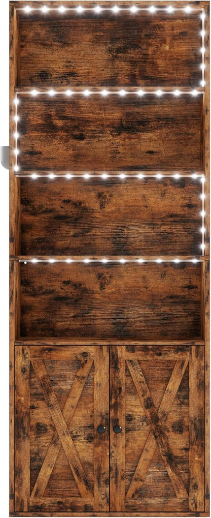 IRONCK Tall Bookcase with LED Lights, 70 in Industrial Bookshelves and Bookcases with Doors, 6 Shelf Display Storage Shelves Floor Standing for Home Office, Living Room, Bedroom