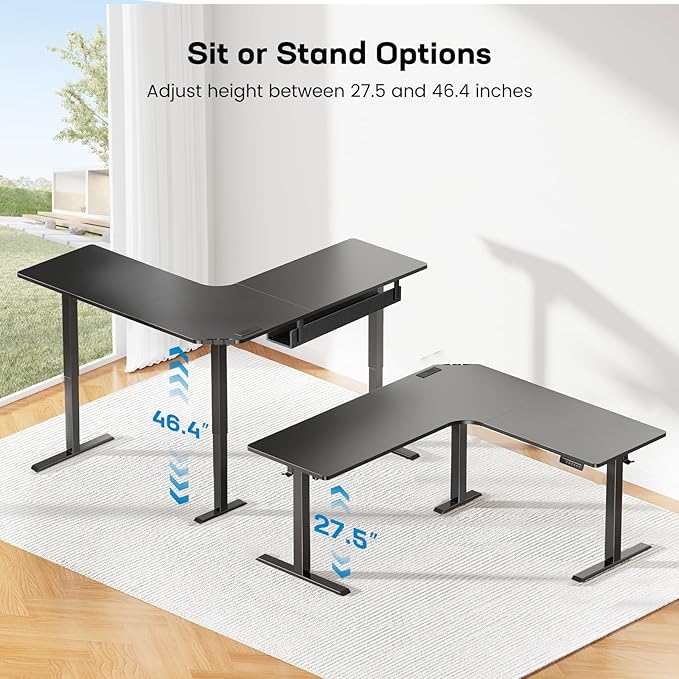 HUANUO Electric L Shaped Standing Desk, 63" x 63" Height Adjustable Corner Standing Desk with Built-in Power Outlets & Power Strip Holder, Sit Stand Up Table with 3 Preset Heights, Black