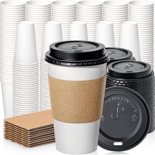Fit Meal Prep 500 Pack 16 oz Disposable Coffee Cups with Lids, Sleeves, Leak-Proof To Go Coffee Cups with Lids, Durable Paper Cups for Hot Beverage, Home, Office, Party