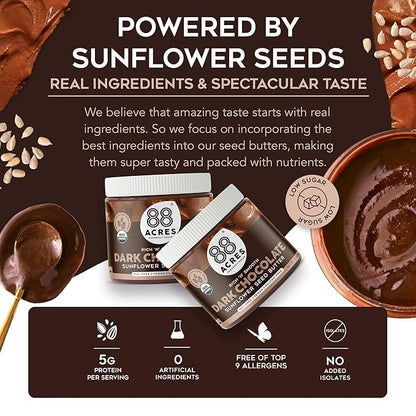 88 Acres Organic Sunflower Seed Butter | Dark Chocolate | Keto-Friendly, Vegan, Gluten Free, Dairy Free, Nut-Free Seed Butter Spread | 14 oz | 2 Pack