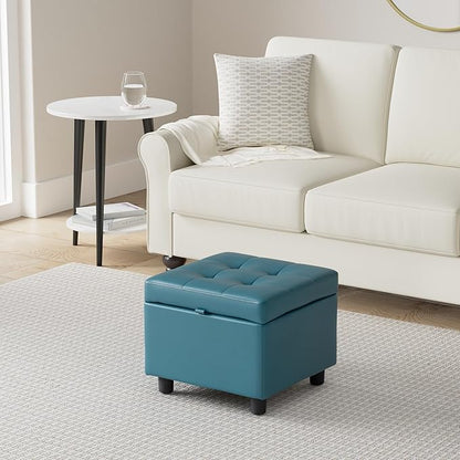 H&B Luxuries Tufted Leather Square Flip Top Storage Ottoman Cube Foot Rest (Blue with Storage)