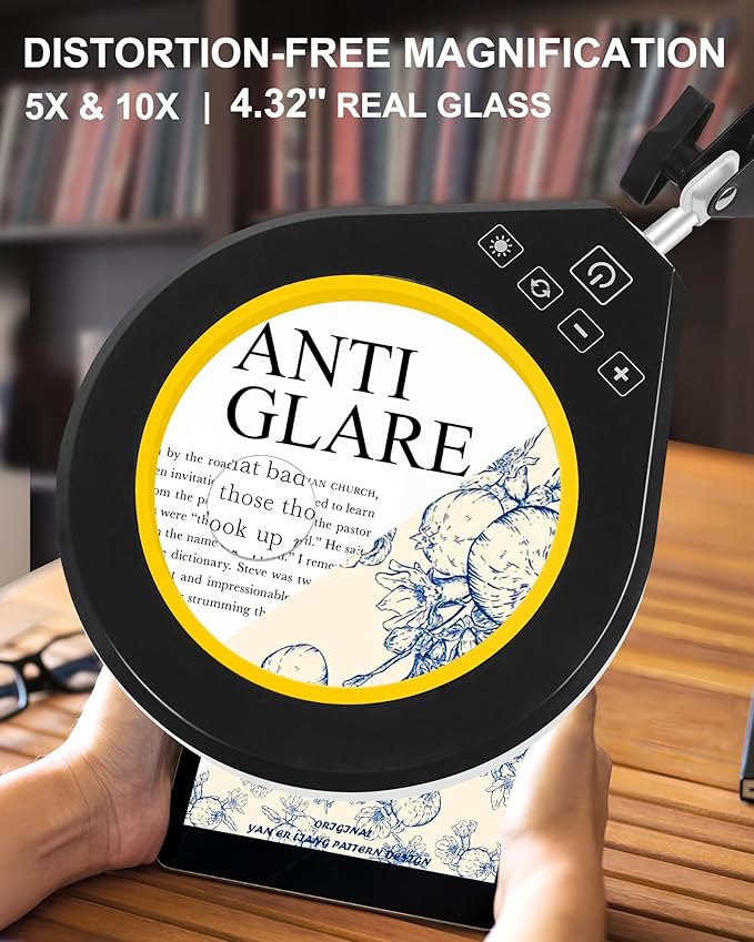 10X & 5X Magnifying Glass with Light, Ultra Long Swing Arm, 5 Colors & 10 Brightness, Real Glass Lens Large Magnifying Lamp for Craft Painting Workbench Jewelry Making Hobby Close Work (Yellow)