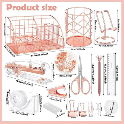 Rose Gold Office Supplies and Accessories, Rose Gold Mesh Desk Organizers with Tape Holder, Tape, Stapler, Staple Remover, 1000pcs Staples, Pen, Pen Holder, Ruler, Phone Holder, Clips, Scissor