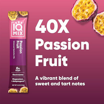 IQMIX Hydration Electrolyte Powder – 4-in-1 Formula for Hydration, Mental Clarity, Mood and Recovery – Sugar-Free Drink Mix, Keto, Magnesium L-Threonate, Lion’s Mane – 40 Count Passion Fruit