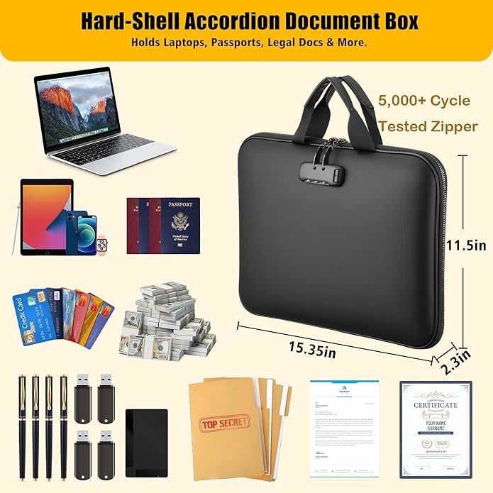 Fireproof Document Box with Combination Lock, Hard-Shell Fireproof File Organizer for Legal Documents, Laptop, Valuables & Important Papers, 13-Pocket Accordion File Folder